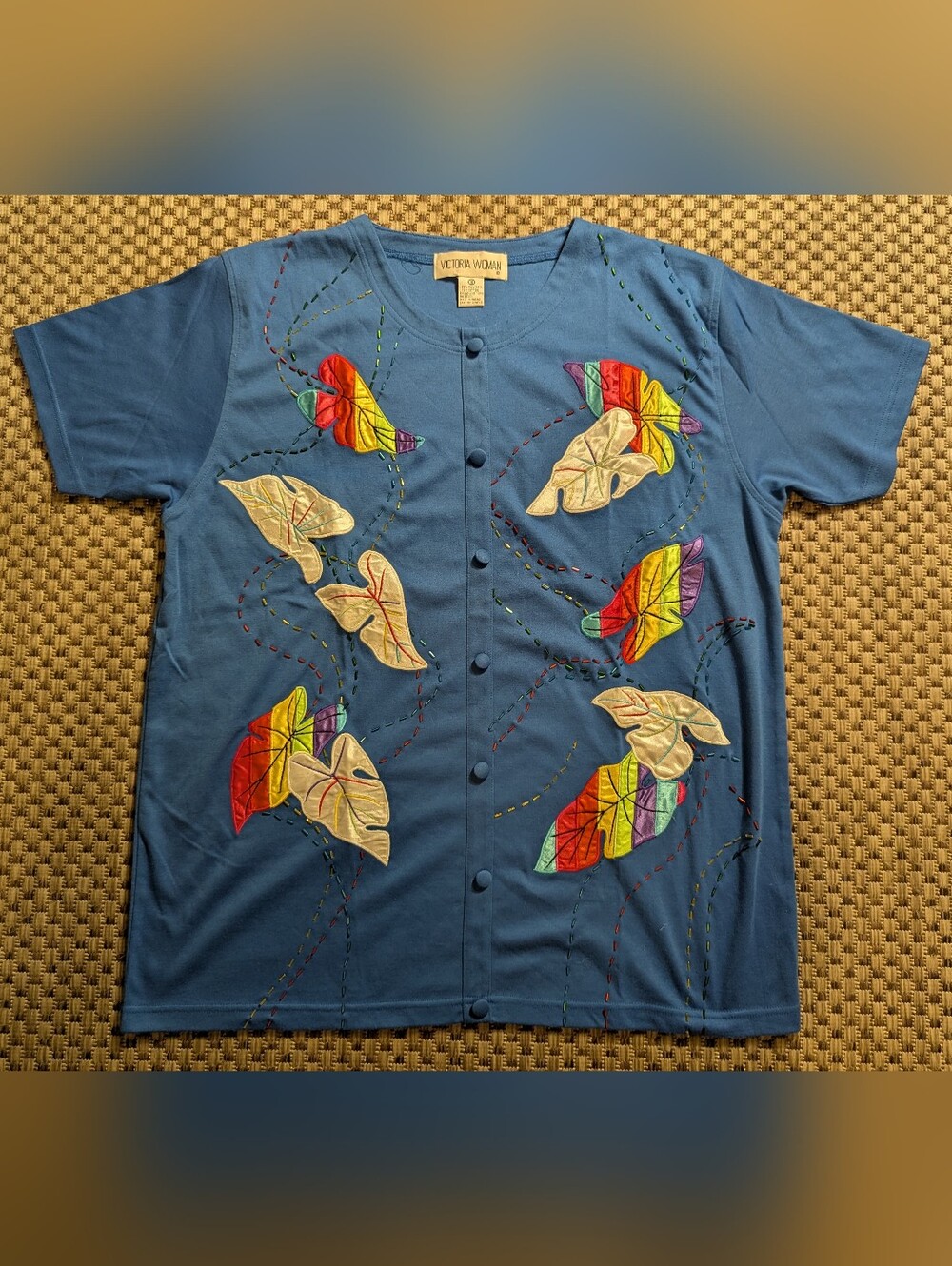 Vintage 90s Victoria Woman Beaded Tropical Rainbow Leaves T-Shirt Size 1X